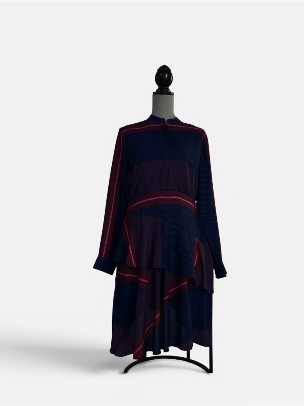 Tristan Navy and Magenta Long-Sleeve Midi Dress